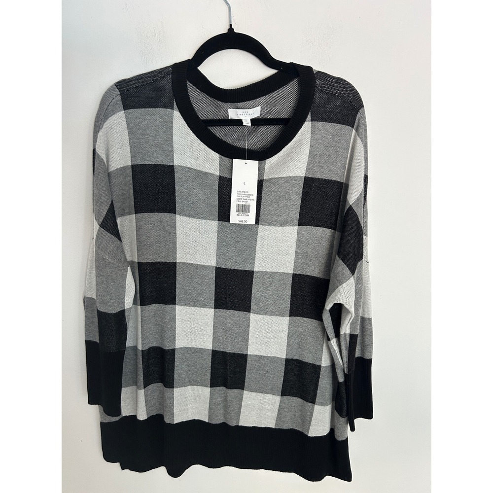 New Directions Womens Buffalo Plaid Crew Neck Sweater Black Grey White Large NWT